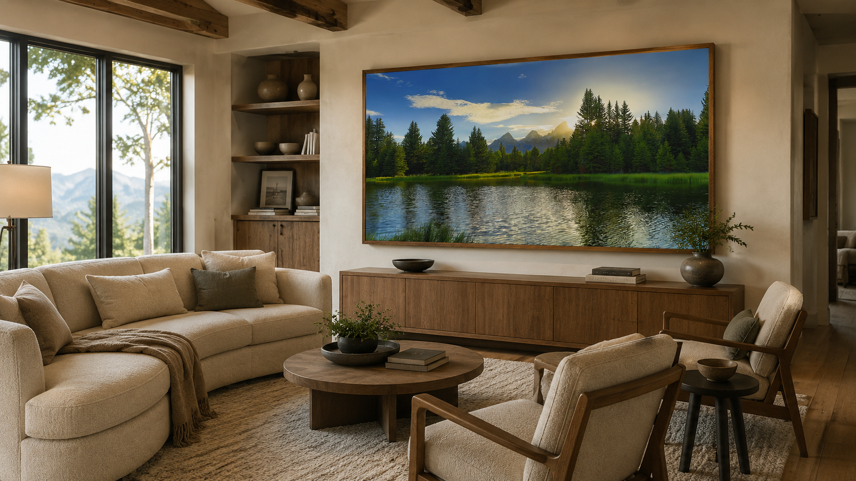 Morning Light Schwabacher's Landing Tetons landscape photography installed in a quiet luxury living room by Dan Sproul